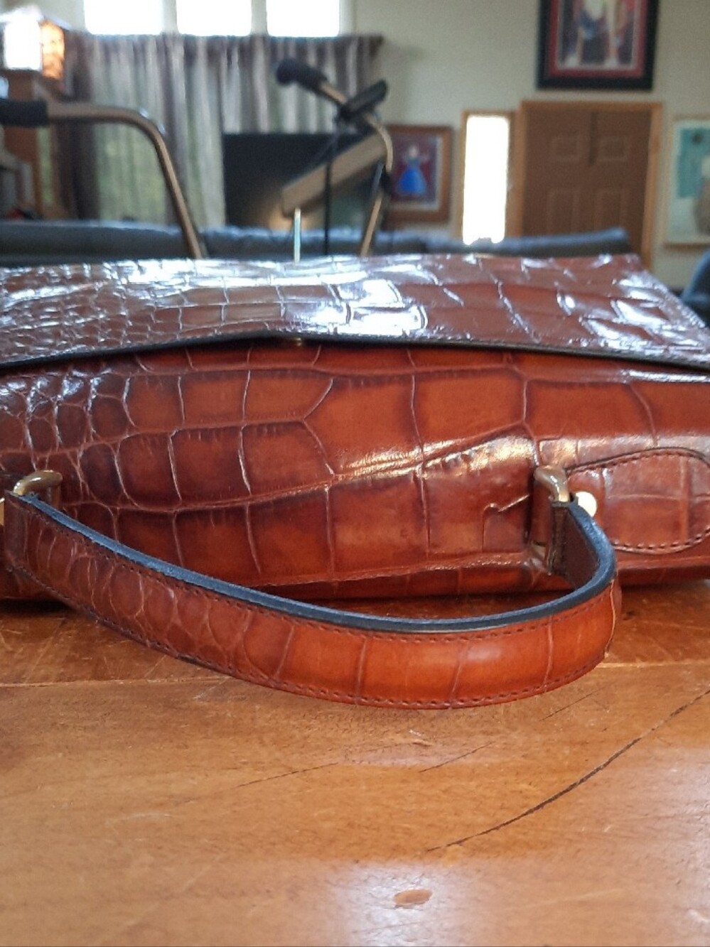 Bally Brown Croc-Embossed Leather Top-Handle Satchel with 'B' Accent - Picture 6 of 14